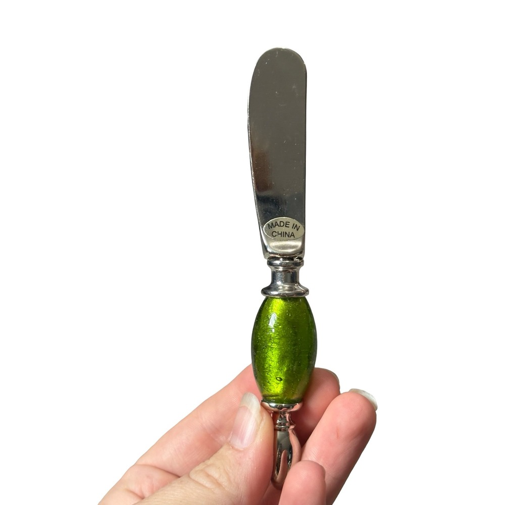 Green Glass Bead Handle Butter Spreader Stainless Steel Appetizer Knife 5 inch